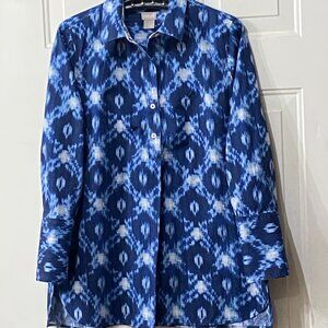 Chico's No-Iron Sz 1 (M) Blouse Popover Tunic Blue/White Ombre Ornament